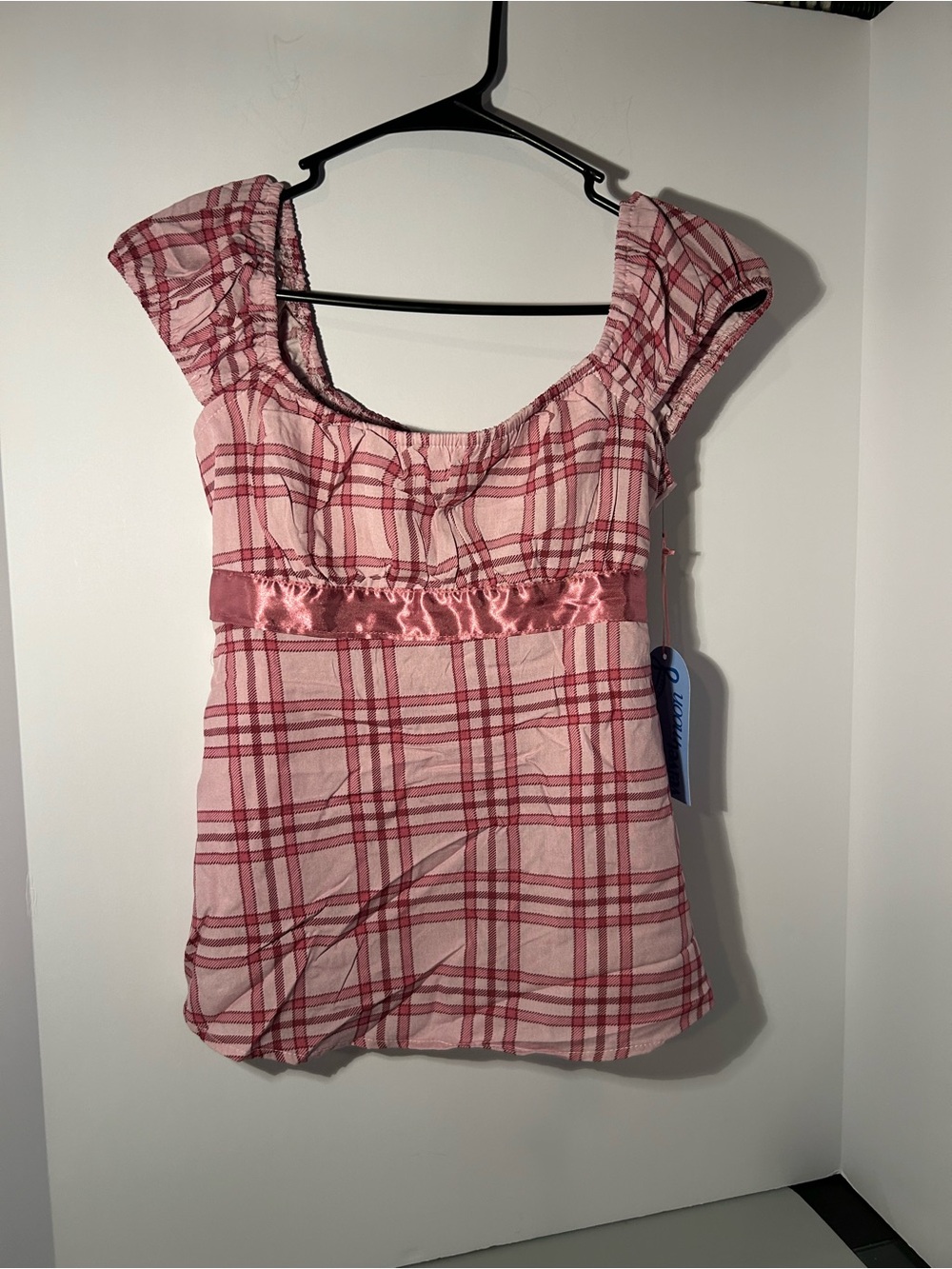 Velvet Moon pink and red plaid babydoll top with satin ribbon detail size XS